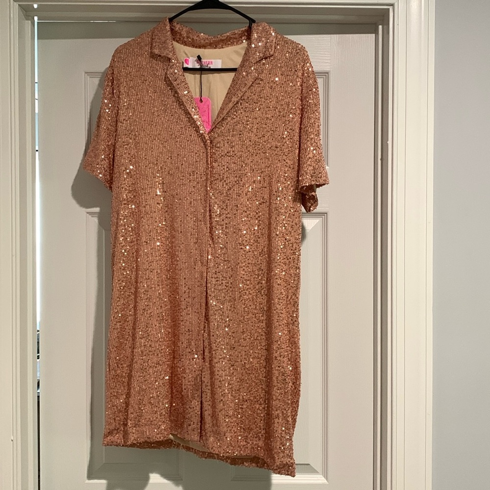 Rose All Day button down tunic dress with rose gold sequins